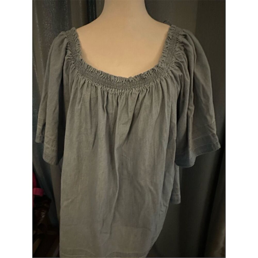 Lane Bryant Plus Size 26 Gray Peasant Blouse Square Neck Puff Sleeve